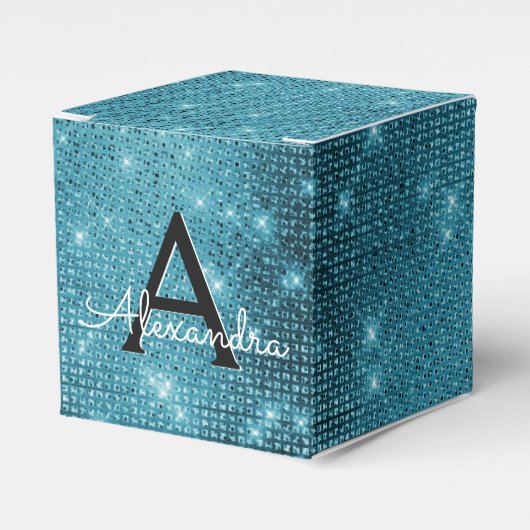 ターコイズブルーきらめくモノグラム – 名前の追加 フェイバーボックス (正面サイド)