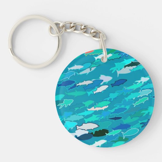 ターコイズブルーとアクアの魚の群れ キーホルダー (正面)