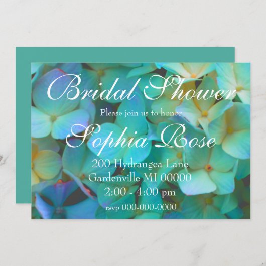 ターコイズブルーとイエローとピンクの紫陽花の花の花束 招待状 (正面/裏面)