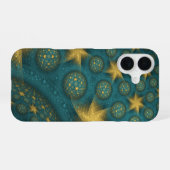 ターコイズブルーとイエローの抽象的な星柄 iPhone 16ケース (裏面横)