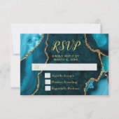ターコイズブルーとゴールドのアゲートマーブルRSVP 出欠カード (正面)