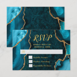 ターコイズブルーとゴールドのアゲートマーブルRSVP 出欠カード