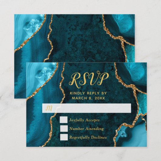 ターコイズブルーとゴールドのアゲートマーブルRSVP 出欠カード (正面/裏面)