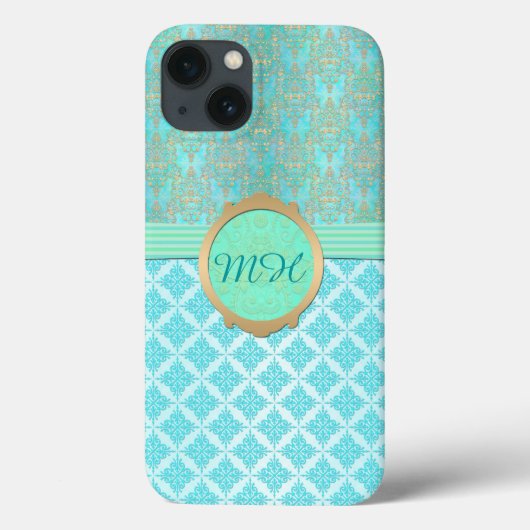 ターコイズブルーとゴールドのダマスク柄カスタムモノグラムパターン Case-Mate iPhoneケース (裏面)