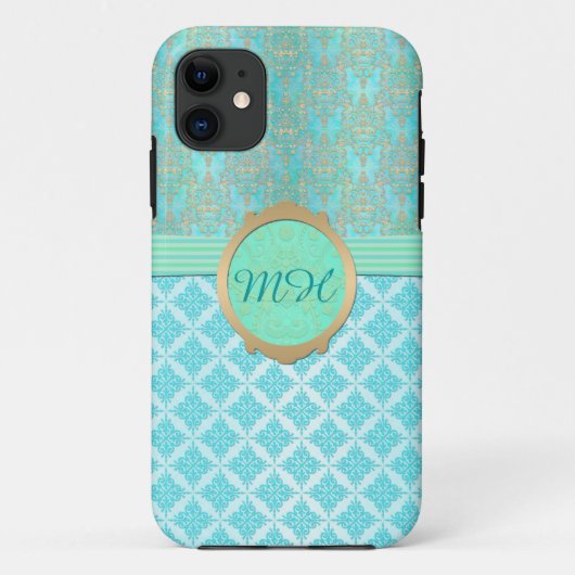 ターコイズブルーとゴールドのダマスク柄カスタムモノグラムパターン Case-Mate iPhoneケース (裏面)