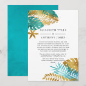 ターコイズブルーとゴールドのトロピカルなゲストリスト - 水色 案内状 (正面/裏面)