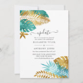 ターコイズブルーとゴールドのトロピカルウェディング最新情報 招待状 (正面)