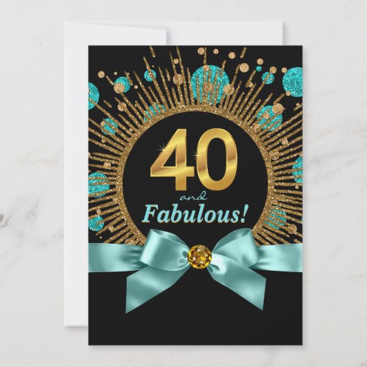 ターコイズブルーとゴールドのラメの女性の40歳の誕生日 招待状 (正面)
