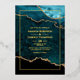 ターコイズブルーとゴールドの瑪瑙の結婚式用ホイル招待状 箔招待状