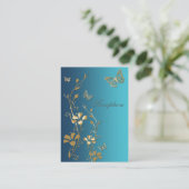 ターコイズブルーとゴールドの花と蝶のレセプションカード エンクロージャーカード (スタンド正面)
