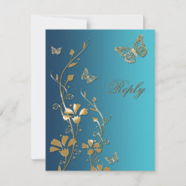ターコイズブルーとゴールドの花と蝶の返信カード 招待状
