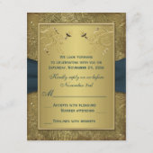 ターコイズブルーとゴールドの花柄の出欠確認カード 出欠カード (裏面)