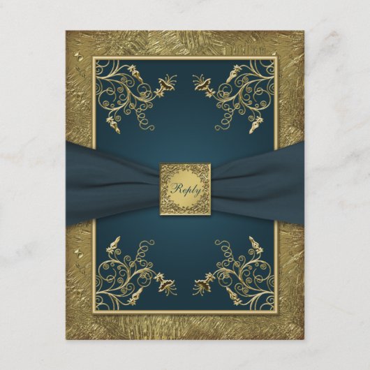 ターコイズブルーとゴールドの花柄の出欠確認カード 出欠カード (正面)