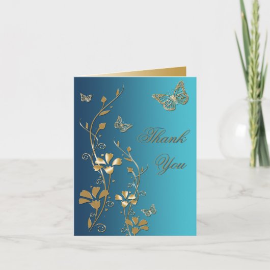 ターコイズブルーとゴールドの花柄の感謝カード サンキューカード (正面)
