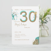 ターコイズブルーとゴールドの華やかさでサプライズ！30歳の誕生日パーティー 招待状 (スタンド正面)