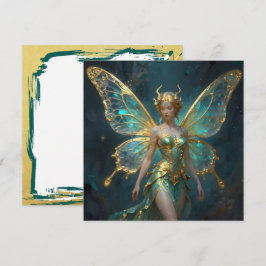 ターコイズブルーとゴールドの魔法の妖精がデザインされた白紙のカード カード