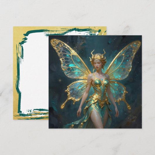 ターコイズブルーとゴールドの魔法の妖精がデザインされた白紙のカード カード (正面/裏面)