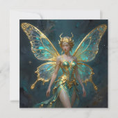 ターコイズブルーとゴールドの魔法の妖精がデザインされた白紙のカード カード (正面)