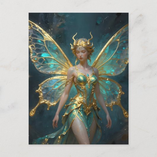 ターコイズブルーとゴールドの魔法の妖精 ポストカード (正面)