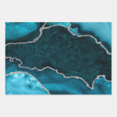 ターコイズブルーとシルバーのフェイクグリッターアゲート ラッピングペーパーシート (正面2)