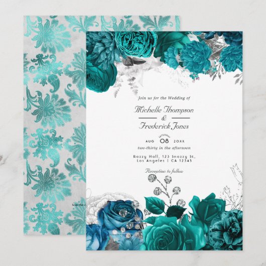ターコイズブルーとシルバーのフラワーモチーフの結婚式QRコードRSVP 招待状 (正面/裏面)
