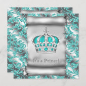 ターコイズブルーとシルバーのプリンス男の子ベビーシャワー 招待状 (正面/裏面)