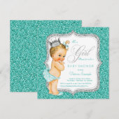 ターコイズブルーとシルバーのベビーシャワー 招待状 (正面/裏面)