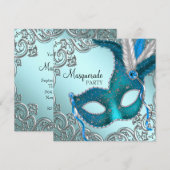 ターコイズブルーとシルバーのマスクの仮面舞踏会 招待状 (正面/裏面)