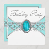 ターコイズブルーとシルバーの誕生日パーティー 招待状 (正面/裏面)