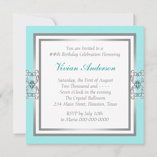 ターコイズブルーとシルバーの誕生日パーティー 招待状 (裏面)