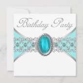ターコイズブルーとシルバーの誕生日パーティー 招待状 (正面)