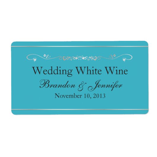 ターコイズブルーとシルバー結婚のミニワインラベル ラベル (正面)