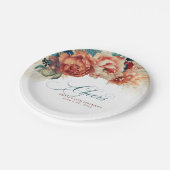 ターコイズブルーとテラコッタの花とパンパスグラスのおしゃれなデザイン ペーパープレート (アングル)