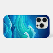 ターコイズブルーとネイビーブルーの海の波アート iPhoneケース (裏面横)