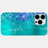 ターコイズブルーとパープルのキラキラのGlam Signature Case-Mate iPhoneケース (裏面 (横))