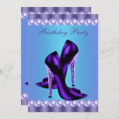 ターコイズブルーとパープルの誕生日パーティー 招待状 (正面/裏面)