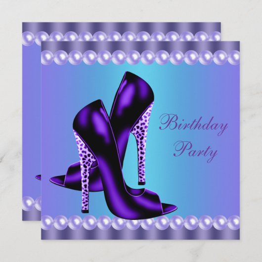 ターコイズブルーとパープルの誕生日パーティー 招待状 (正面/裏面)