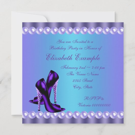 ターコイズブルーとパープルの誕生日パーティー 招待状 (裏面)