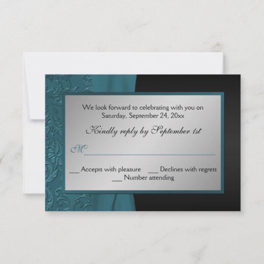 ターコイズブルーとブラックのダマスク柄モノグラムの出欠カード 招待状 (裏面)