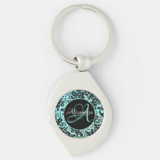 ターコイズブルーとブラックフローラモノグラム キーホルダー (正面)