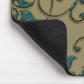 ターコイズブルーとベージュのサテン・ダマスク織り マウスパッド (コーナー)