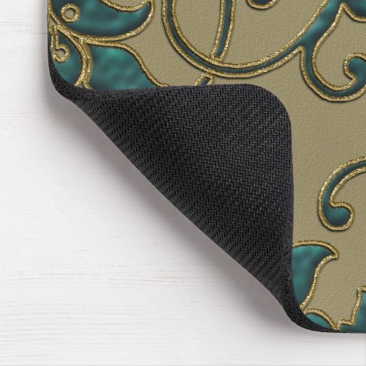 ターコイズブルーとベージュのサテン・ダマスク織り マウスパッド (コーナー)