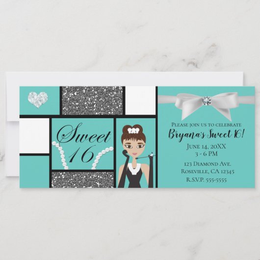 ターコイズブルーとホワイトのボウが可愛いスイート16の誕生日パーティー 招待状 (正面)