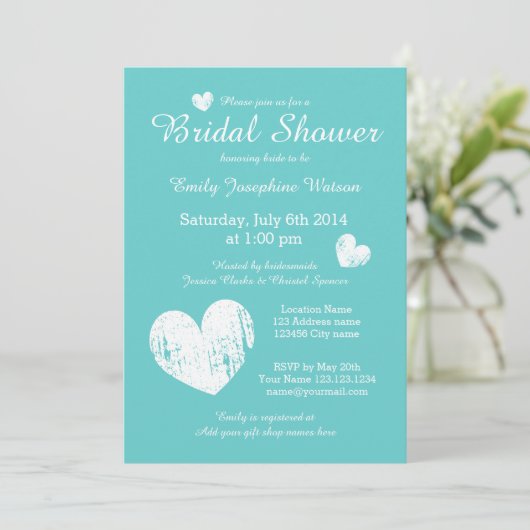 ターコイズブルーとホワイトブライダルシャワー招待状 招待状 (スタンド正面)