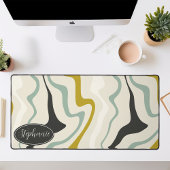 ターコイズブルーとマスタードイエローのレトロアブストラクトスワール デスクマット