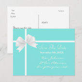 ターコイズブルーとリボンのウェディング・セーブ・ザ・デート 案内ポストカード (正面/裏面)