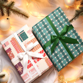 ターコイズブルーとレッドのレトロなギフトチェック柄クリスマス ラッピングペーパーシート