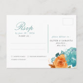 ターコイズブルーと焦茶色の花の秋の結婚式RSVP ポストカード (裏面)
