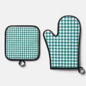 ターコイズブルーと白のチェック柄ダイヤモンド模様 鍋つかみ&鍋敷きセット (正面)