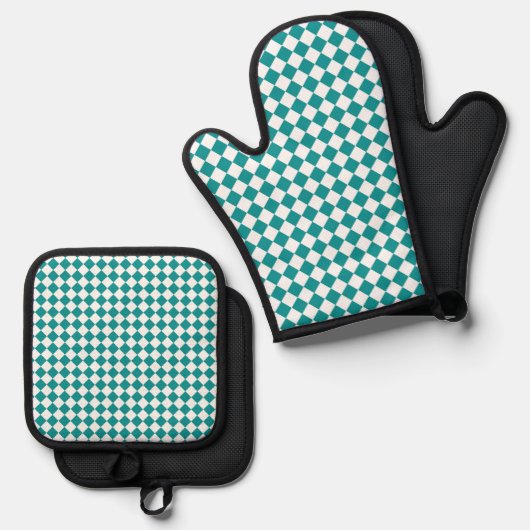 ターコイズブルーと白のチェック柄ダイヤモンド模様 鍋つかみ&鍋敷きセット (正面/裏面)